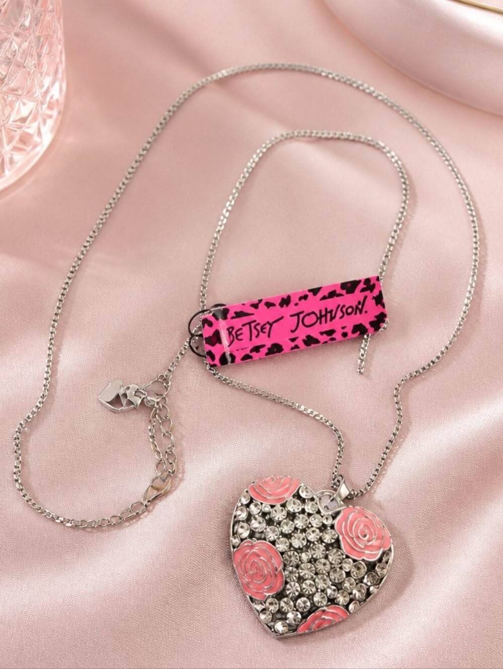 Betsey Johnson Silver Heart Pendant Necklace with Pink Rose Accents